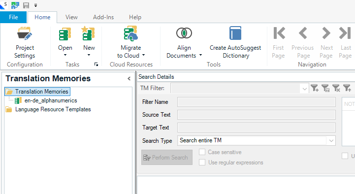 Screenshot of Trados Studio Translation Memories window with a selected memory 'en-de_alphanumeric' under Language Resource Templates.