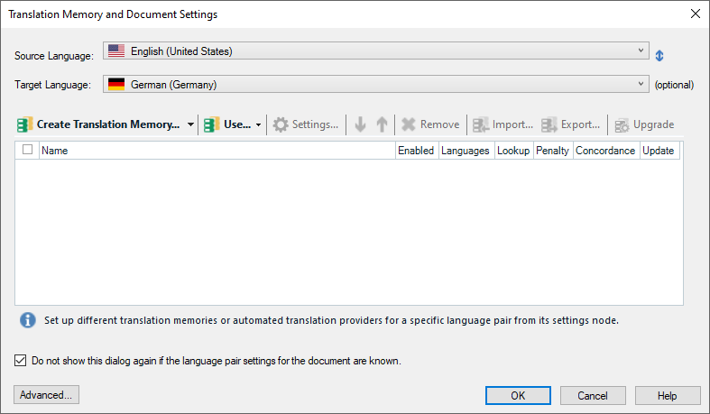 Screenshot of Trados Studio Translation Memory and Document Settings dialog with Source Language set to English (United States) and Target Language set to German (Germany).