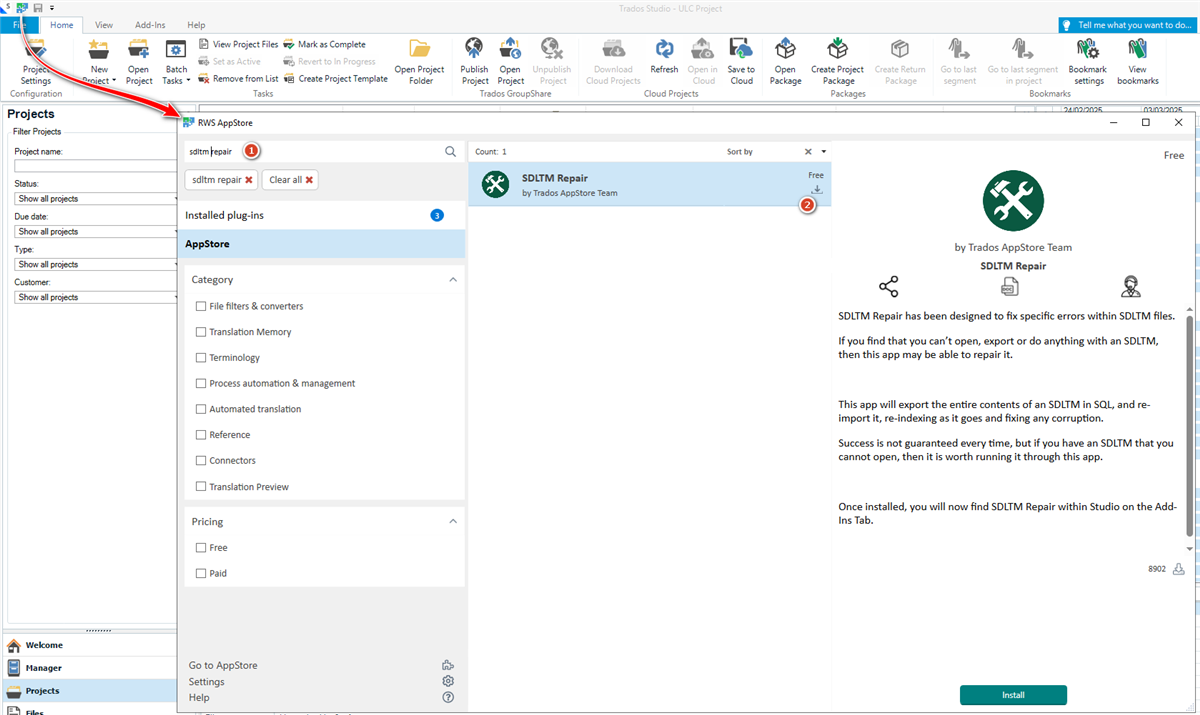 Screenshot of Trados Studio's RWS AppStore with the SDLTM Repair plugin selected, showing details and an Install button.