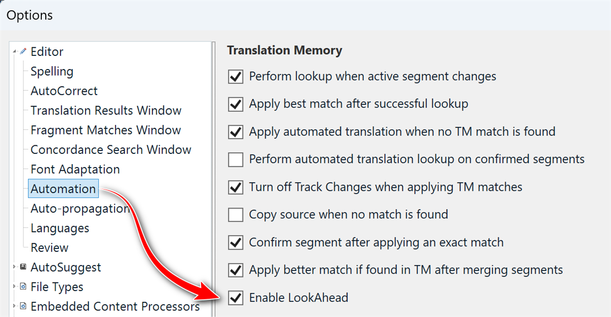 Screenshot of Trados Studio options menu highlighting the 'Automation' section with 'Enable LookAhead' option checked.