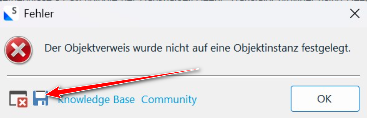 Error dialog in Trados Studio with a message in German indicating a null reference exception, with an arrow pointing to the 'save' disk icon.