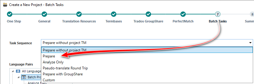 Screenshot of Trados Studio's 'Create a New Project - Batch Tasks' window with 'Prepare without project TM' and 'Prepare' options highlighted.