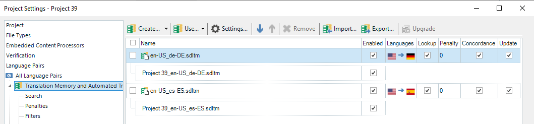 Screenshot of Trados Studio's 'Project Settings - Project 39' window showing Translation Memory and Automated Translation settings with two enabled TMs and two project TMs.