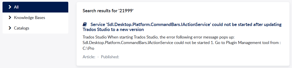 Screenshot of a knowledge base search result for '21999' showing an error message related to Trados Studio.