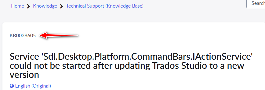 Screenshot of a knowledge base article with the number 'KB0038605' indicating the correct article for Trados Studio issue.