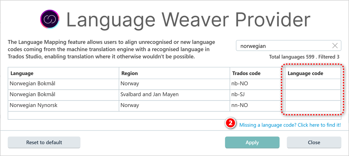 Language Weaver Provider mapping interface with a search for 'norwegian' showing Trados codes and regions for Norwegian Bokmal and Nynorsk, with a highlighted section for language codes.