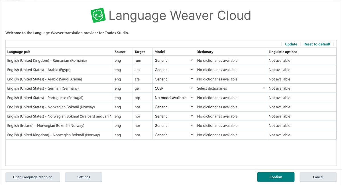 Updated Language Weaver Cloud interface for Trados Studio with Norwegian Bokmal language pairs now set to 'nor' with a generic model, resolving the previous configuration issue.