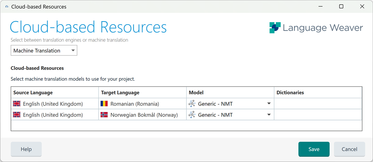 Screenshot of Trados Studio's Cloud-based Resources window showing Machine Translation options with source language English (United Kingdom) and target languages Romanian (Romania) and Norwegian Bokmal (Norway), both using Generic - NMT models.