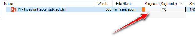 Screenshot of Trados Studio interface showing a file named '11 - Investor Report.pptx.sdlxliff' with 305 words, file status 'In Translation' and 7% progress.