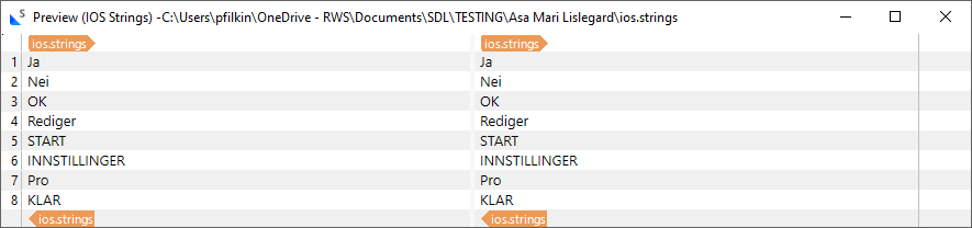 Screenshot of a preview window showing a list of translated strings in a software application with the file path and file name 'iOS.strings' at the top.