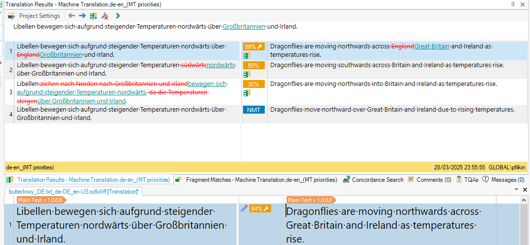Screenshot of Trados Studio interface showing Translation Results with Machine Translation, various translation options, and a highlighted text: 'Dragonflies are moving northwards across Great Britain and Ireland as temperatures rise.'