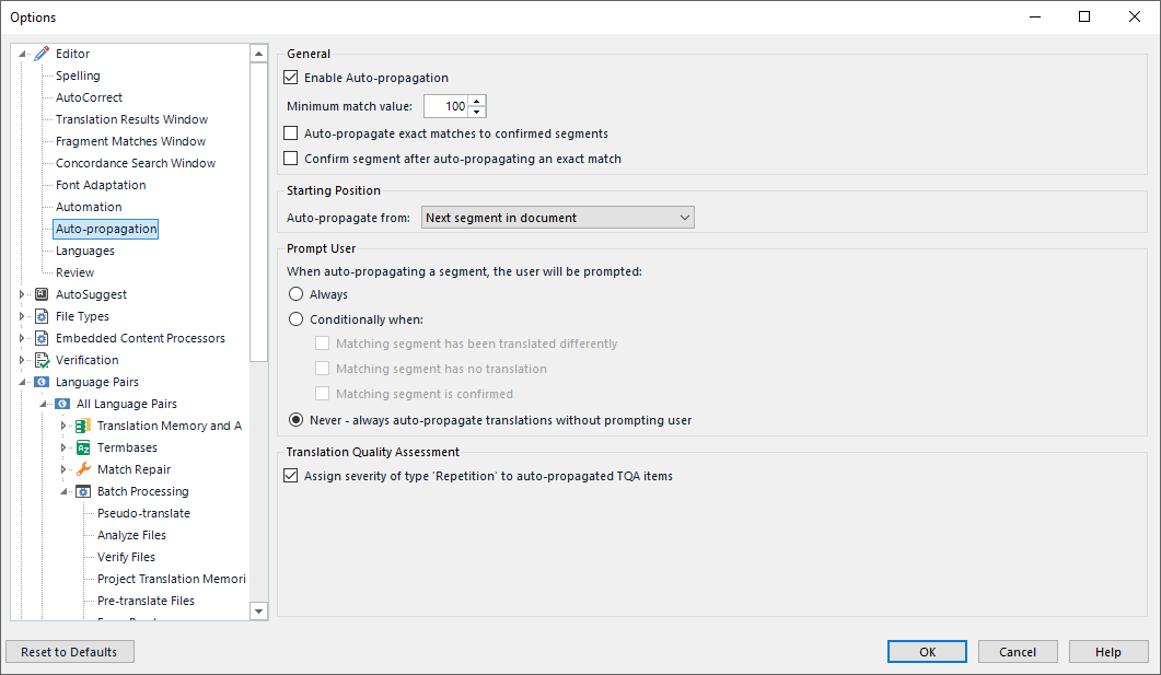 Screenshot of Trados Studio Options dialog with Auto-propagation settings visible, showing options such as 'Enable Auto-propagation' and 'Minimum match value'.
