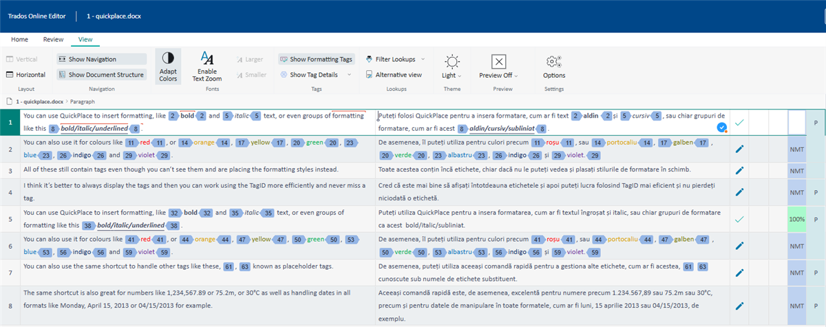 Screenshot of Trados Online Editor with Light theme, showing text formatting options and color settings in a document.