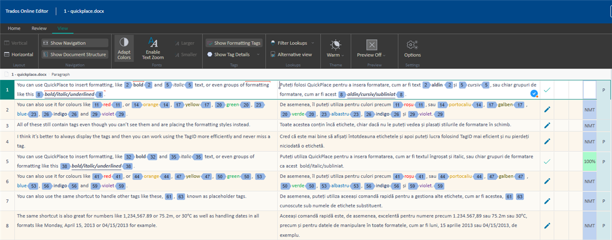 Screenshot of Trados Online Editor with Warm theme, displaying the same content as the first image with a different color scheme.