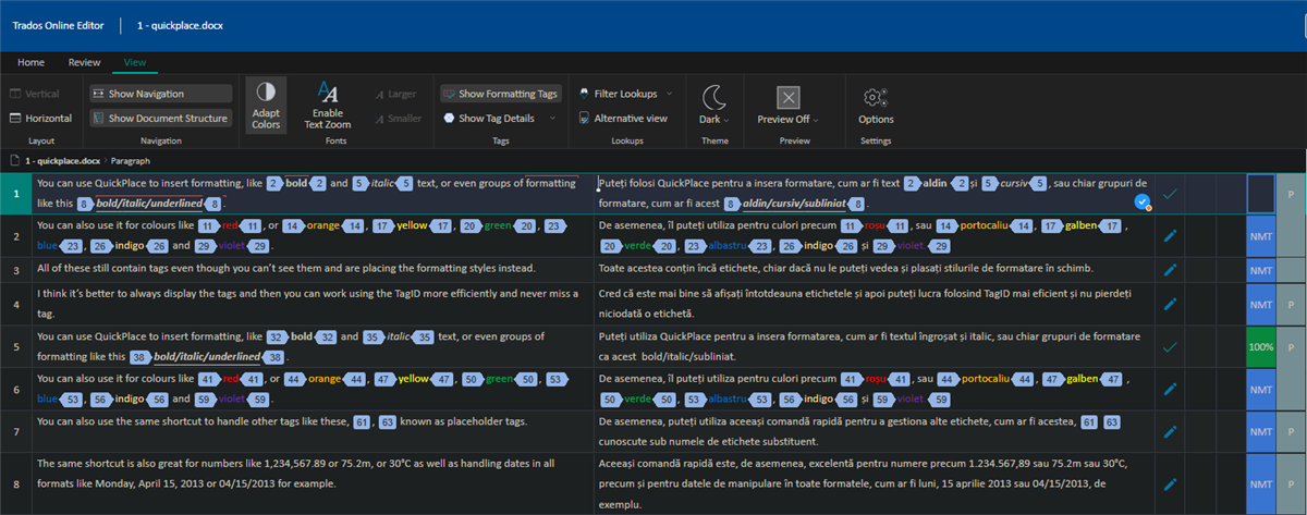Screenshot of Trados Online Editor with Dark theme, showing the document with dark background and light text for better contrast.