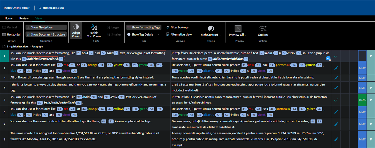 Screenshot of Trados Online Editor with High Contrast theme, highlighting text and interface elements for visibility.