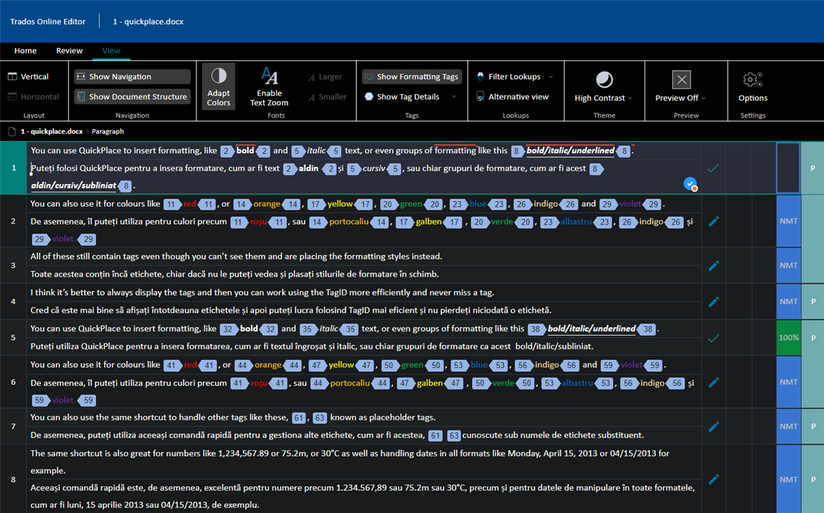 Screenshot of Trados Online Editor with High Contrast theme and an error message bubble visible next to the scroll bar.