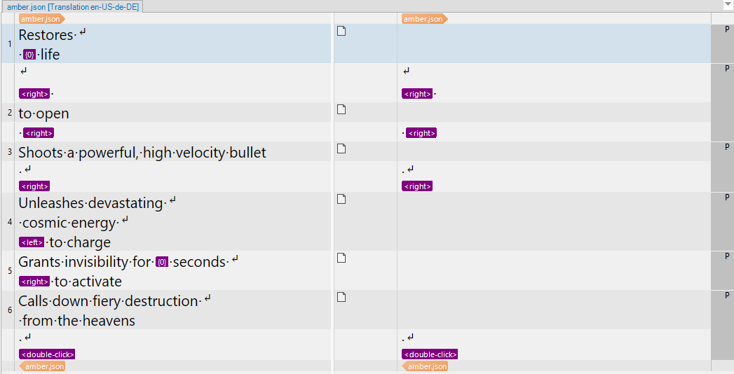 Screenshot of Trados Studio interface showing a translation segment with tags and text. Tags like 'right' and 'left' are visible outside the translatable area.