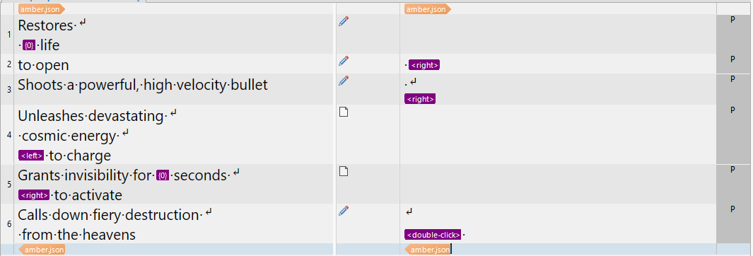 Screenshot of Trados Studio interface showing segments of text with tags like 'right' and 'double-click' displayed outside the translatable area, indicated by a different background color.