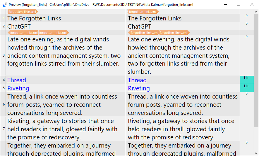 Trados Studio preview window showing a side-by-side comparison of the source and target text for a file named forgotten_links.xml. The text includes a story with links labeled Thread and Riveting.