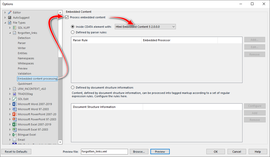 Trados Studio options window displaying the Embedded Content Processing settings. The option 'Process embedded content' is checked, and 'Inside CDATA element with: Html Embedded Content 5.2.0.0.0' is selected.