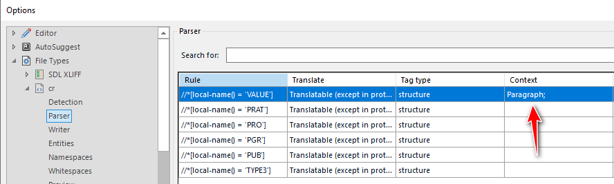 Options window in Trados Studio showing parser rules for XML filetype, with a highlighted rule for 'VALUE' and context set to 'Paragraph'.