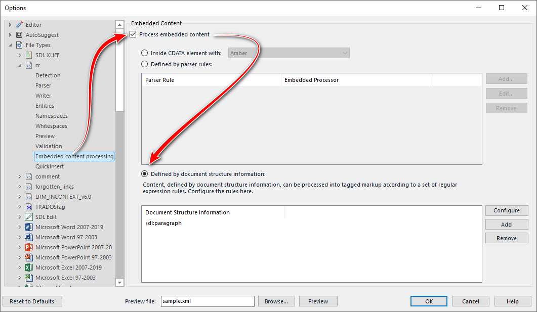 Embedded content processing settings in Trados Studio, showing options for defining parser rules and document structure information with arrows pointing to key settings.