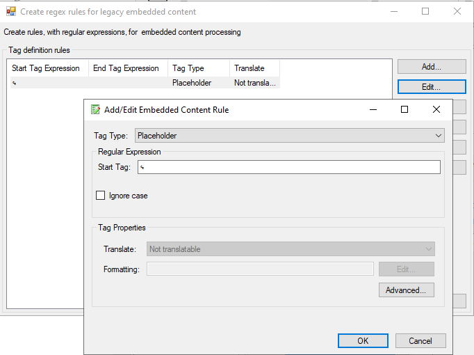 Create regex rules window for embedded content in Trados Studio, showing a placeholder tag type with a regular expression and translation set to 'Not translatable'.