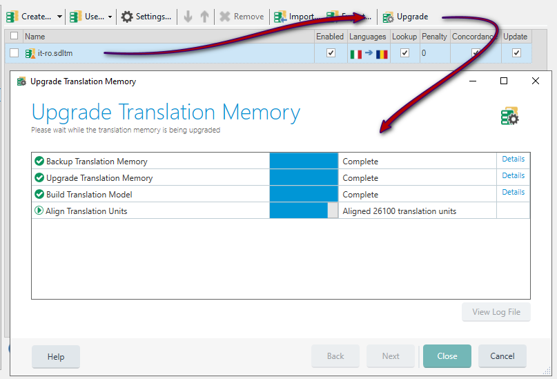 Upgrade Translation Memory window showing progress with tasks like Backup, Upgrade, Build Translation Model, and Align Translation Units marked as Complete.