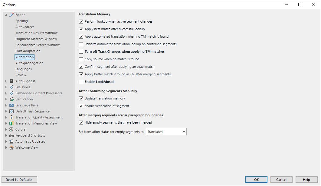 Trados Studio options window showing Translation Memory settings, including options like 'Perform lookup when active segment changes' and 'Enable LookAhead'.