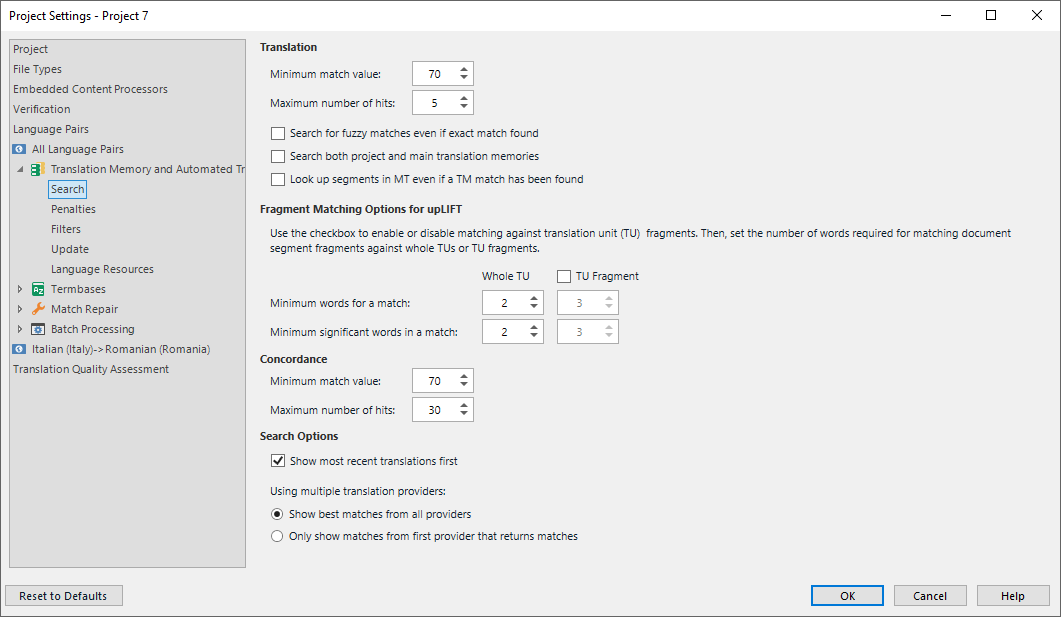 Trados Studio Project Settings window displaying Translation and Search options, including minimum match value, fuzzy match search, and upLIFT fragment matching settings.