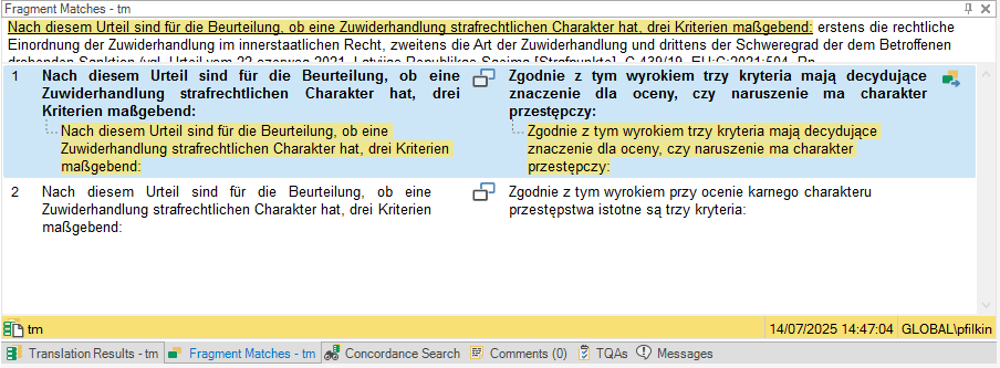 Fragment Matches window showing German text with its Polish translation. Two matches are displayed with highlighted text and match percentages.