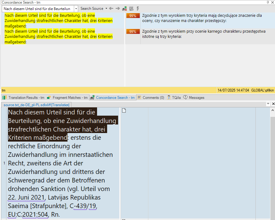 Concordance Search window showing German text with its Polish translation. Two matches are displayed with 99% match percentages and highlighted text.