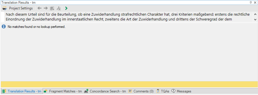 Translation Results window showing German text with no matches found or lookup performed message.