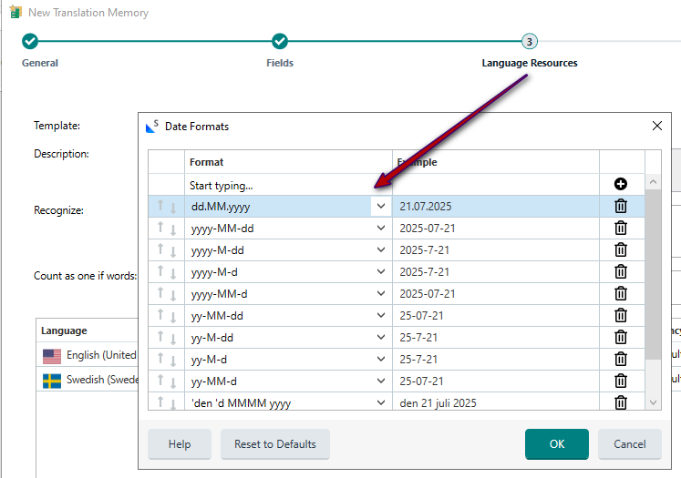Trados Studio interface showing the 'New Translation Memory' window with 'Language Resources' tab selected. A dropdown for date formats is open, highlighting 'dd.MM.yyyy' with an example '21.07.2025'.