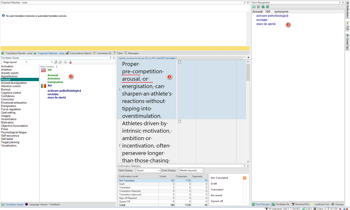 Trados Studio interface showing Termbase Viewer with 'Arousal' selected, synonyms listed in English and Romanian, and Term Recognition panel displaying synonyms.
