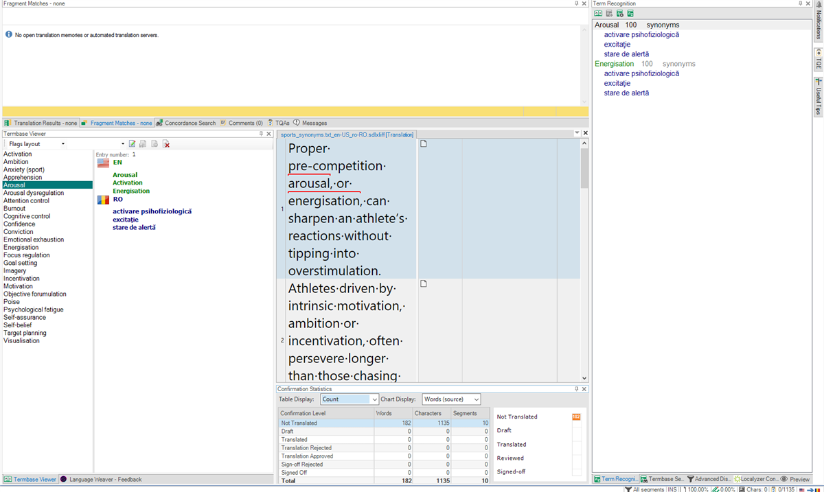 Trados Studio interface with Termbase Viewer showing 'Arousal' and 'Energisation' entries, synonyms listed in English and Romanian, and Term Recognition panel displaying both terms.