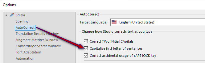 Trados Studio AutoCorrect options showing English (United States) as the target language. Three checkboxes are visible: Correct Two Initial Capitals, Capitalize first letter of sentences, and Correct accidental usage of CAPS LOCK key.
