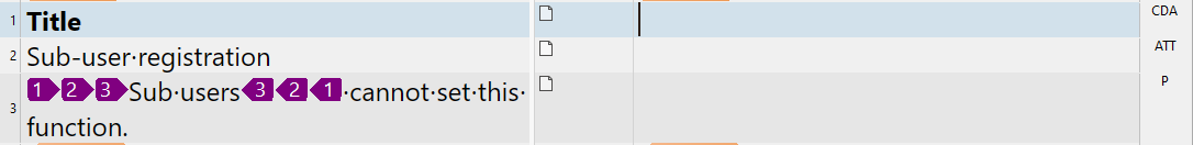 Screenshot showing a table with the title 'Sub-user registration'. Below, text reads 'Sub-users cannot set this function' with numbered purple icons 1, 2, 3, 3, 2, 1.