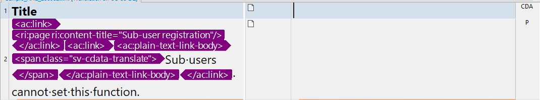 Screenshot showing XML content in Trados Studio with highlighted tags and text 'Sub-users cannot set this function.'
