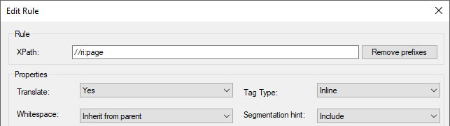 Edit Rule dialog in Trados Studio displaying XPath rule 'ri:page' with properties set to Translate: Yes, Tag Type: Inline, and Segmentation hint: Include.