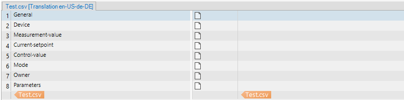 Trados Studio interface showing a CSV file with columns labeled General, Device, Measurement value, Current setpoint, Control value, Mode, Owner, and Parameters.