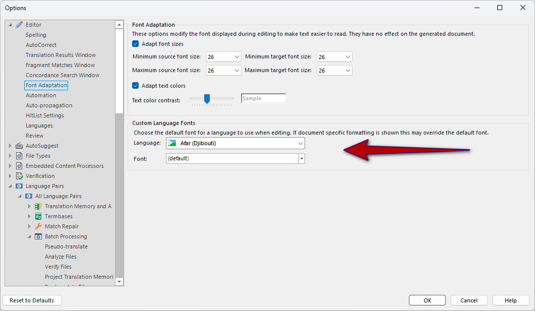Trados Studio options window showing Font Adaptation settings. Minimum and maximum font sizes are set to 26. Language is set to Afar (Djibouti) with the default font selected.