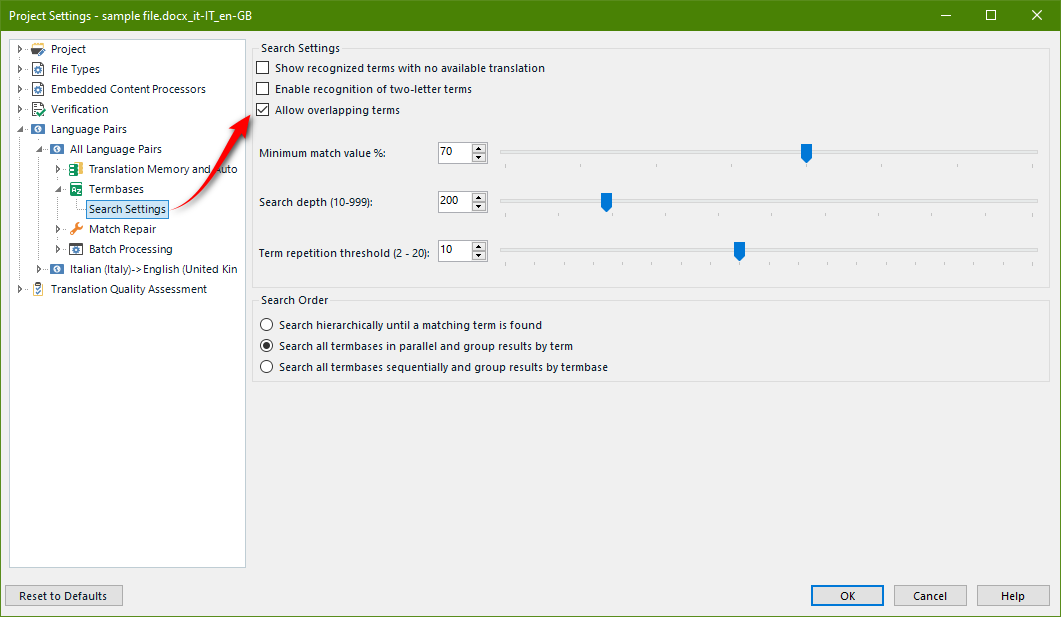 Trados Studio project settings window highlighting the 'Allow overlapping terms' option in the Search Settings section.