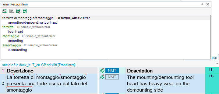 Trados Studio term recognition window showing a list of terms from the termbase with no visible errors or warnings.