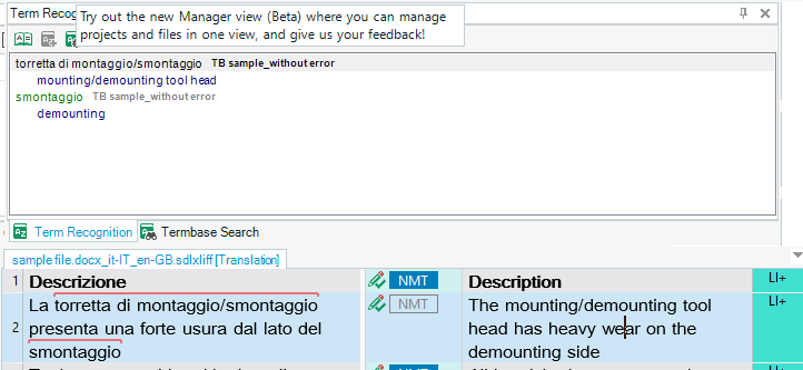 Trados Studio term recognition window with a notification about the new Manager view (Beta) at the top, and a list of terms from the termbase below.