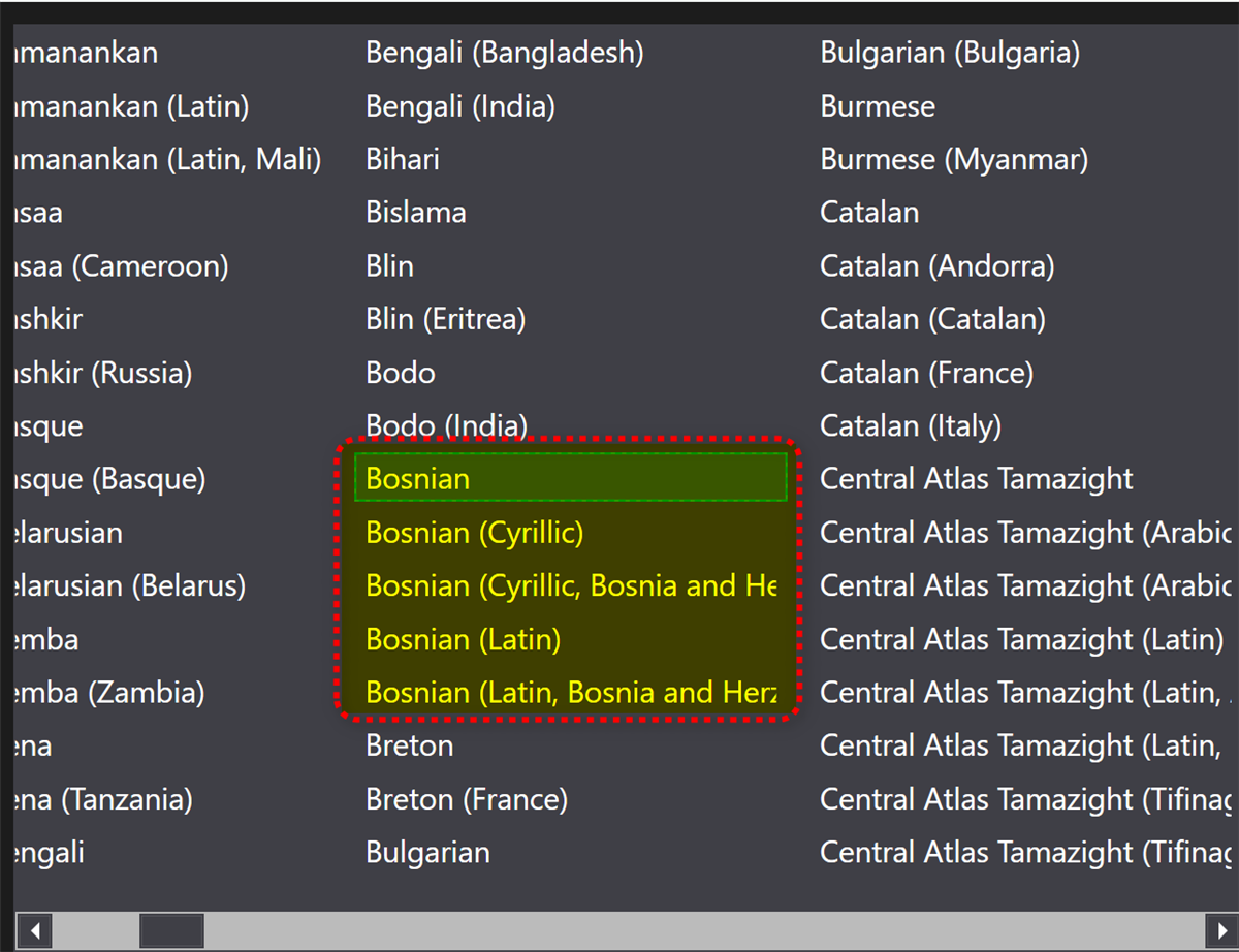 Screenshot of MultiTerm product showing a list of languages. Bosnian variants are highlighted with a red dashed border, including Bosnian, Bosnian (Cyrillic), and Bosnian (Latin).
