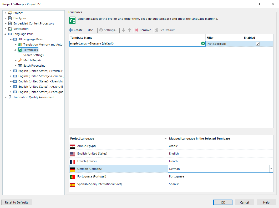 Screenshot of SDL Trados Studio Project Settings window with TermBases section open, showing 'emptyLangs - Glossary' as the default term base with various languages enabled.