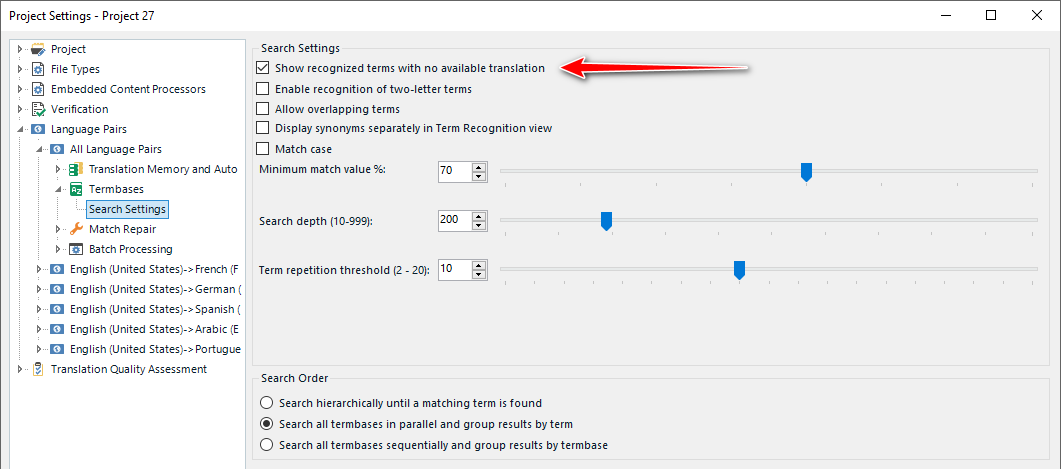 Screenshot of SDL Trados Studio Project Settings window with Search Settings under TermBases, highlighting the option 'Show recognized terms with no available translation'.