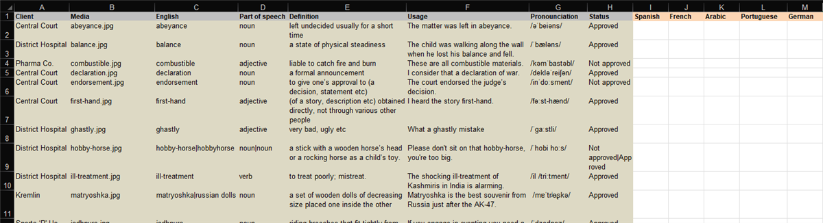 Screenshot of an Excel spreadsheet with columns for media, English terms, part of speech, definition, usage, pronunciation, status, and translations in Spanish, French, Arabic, Portuguese, and German.